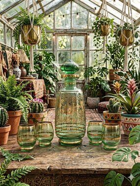 Bohemian Style Glass Cordial Set with 4 Shot Glasses, MCM Barware